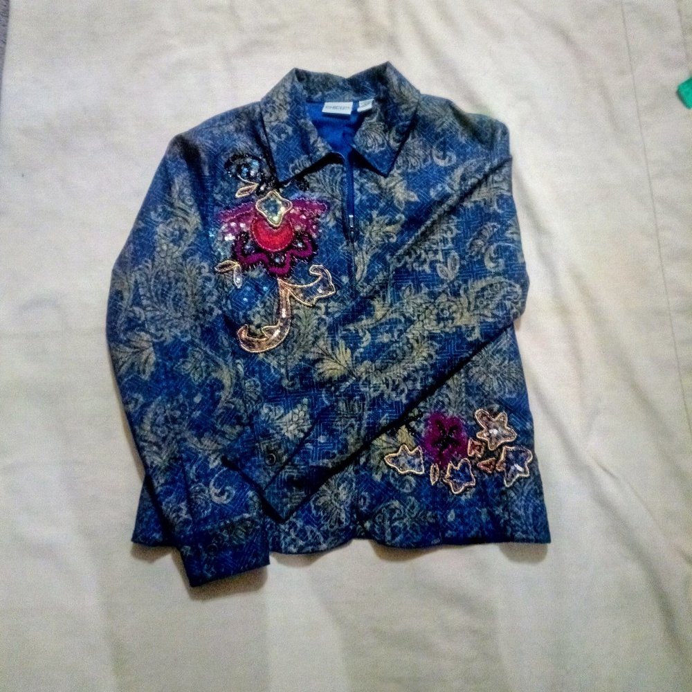 Chico's Embroidered Sequin Floral Full Zip Denim Jacket Size 1